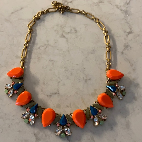 J. Crew RARE Neon Orange Multicolored Crystal Floral Statement Necklace - Picture 3 of 3